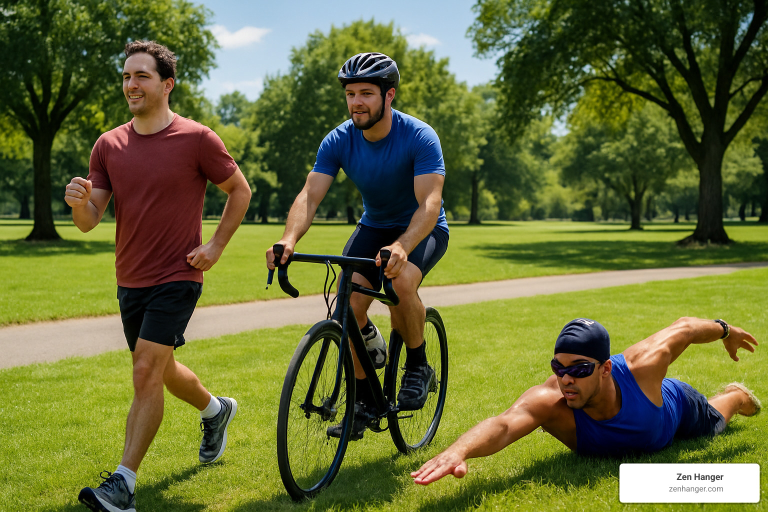 Men performing various aerobic exercises including brisk walking, cycling, and swimming - exercises to increase blood flow to penis