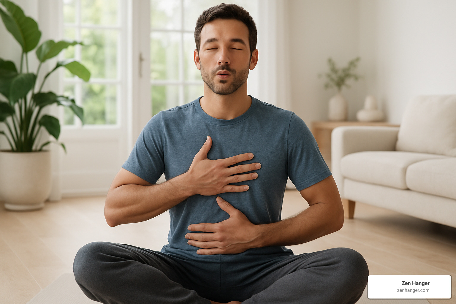 Person demonstrating diaphragmatic breathing technique and yoga poses for stress reduction - exercises to increase blood flow to penis