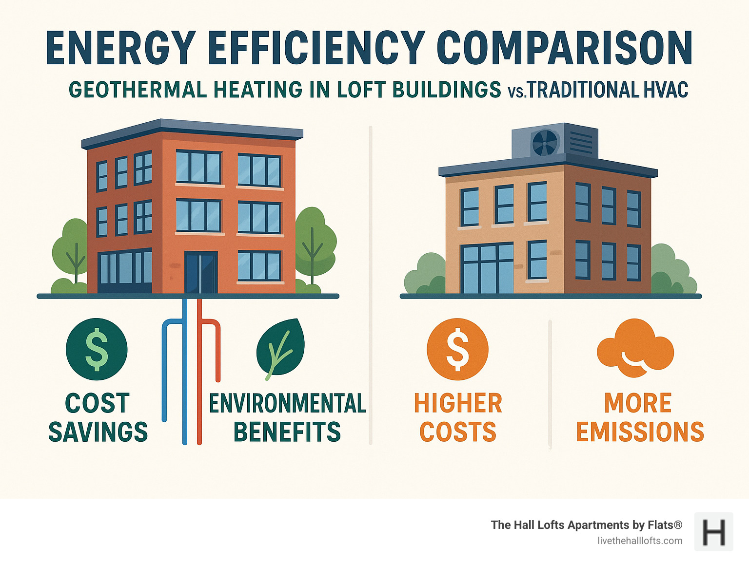 Energy efficiency comparison showing geothermal heating systems in loft buildings versus traditional HVAC, highlighting cost savings and environmental benefits - 1 bedroom loft apartments minneapolis infographic 