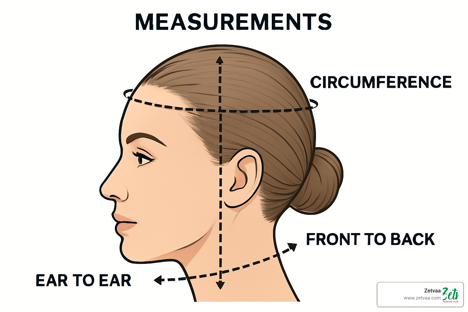 Head measuring diagram showing circumference, front to back, and ear to ear measurements - Afro wig with bangs