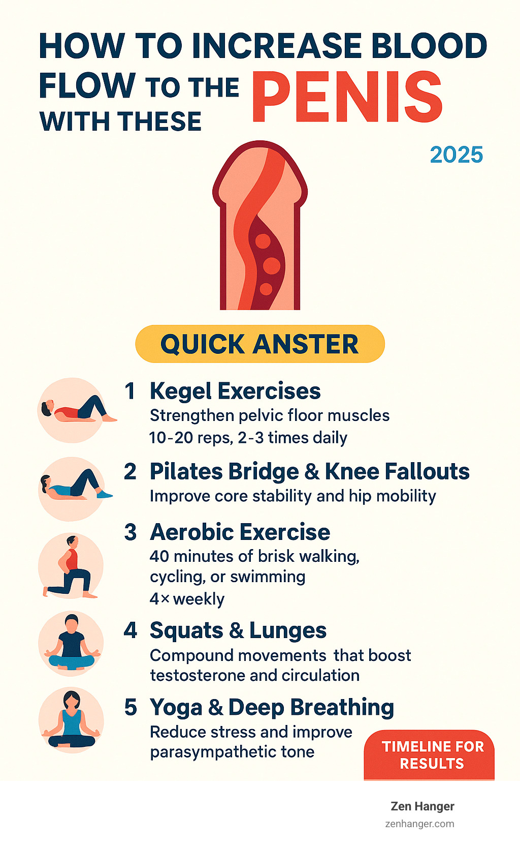 Detailed infographic showing the 5 most effective exercises to increase blood flow to penis, including step-by-step instructions, recommended frequency, and expected timeline for results - exercises to increase blood flow to penis infographic 