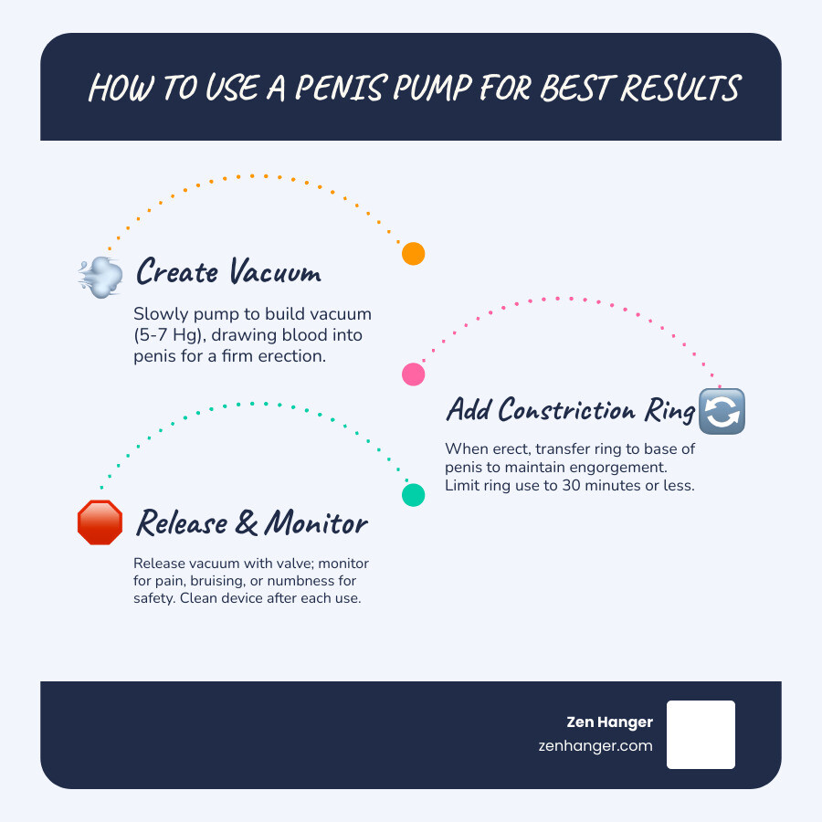 Detailed step-by-step infographic showing penis pump mechanism: vacuum creation drawing blood into penis, constriction ring application at base, proper pressure levels (5-7 Hg), timing guidelines (30 minutes maximum), and safety warnings for bruising prevention - how to use a penis pump for the best results infographic infographic-line-3-steps-blues-accent_colors