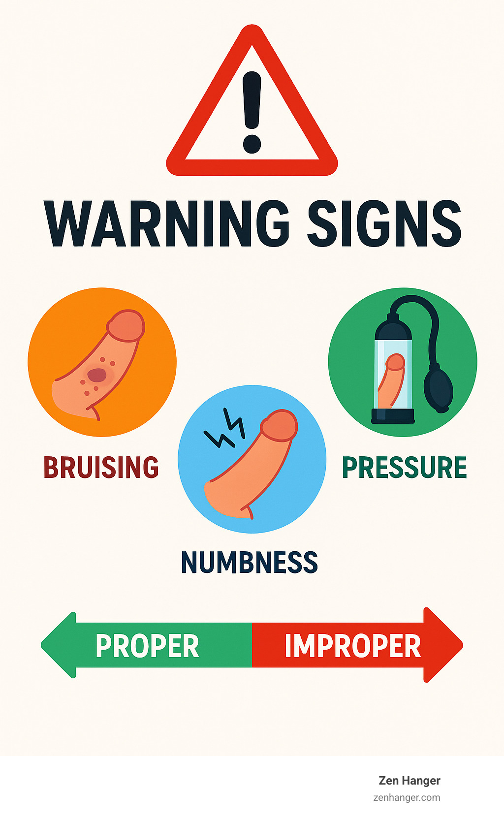 warning signs infographic showing bruising, numbness, and proper vs improper pressure levels - how to use a penis pump for the best results infographic 
