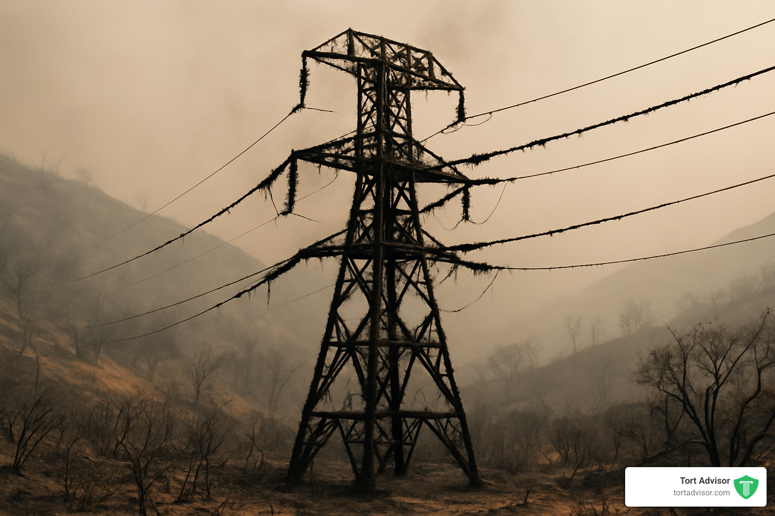 Charred transmission tower with damaged power lines after wildfire - California wildfire wrongful death