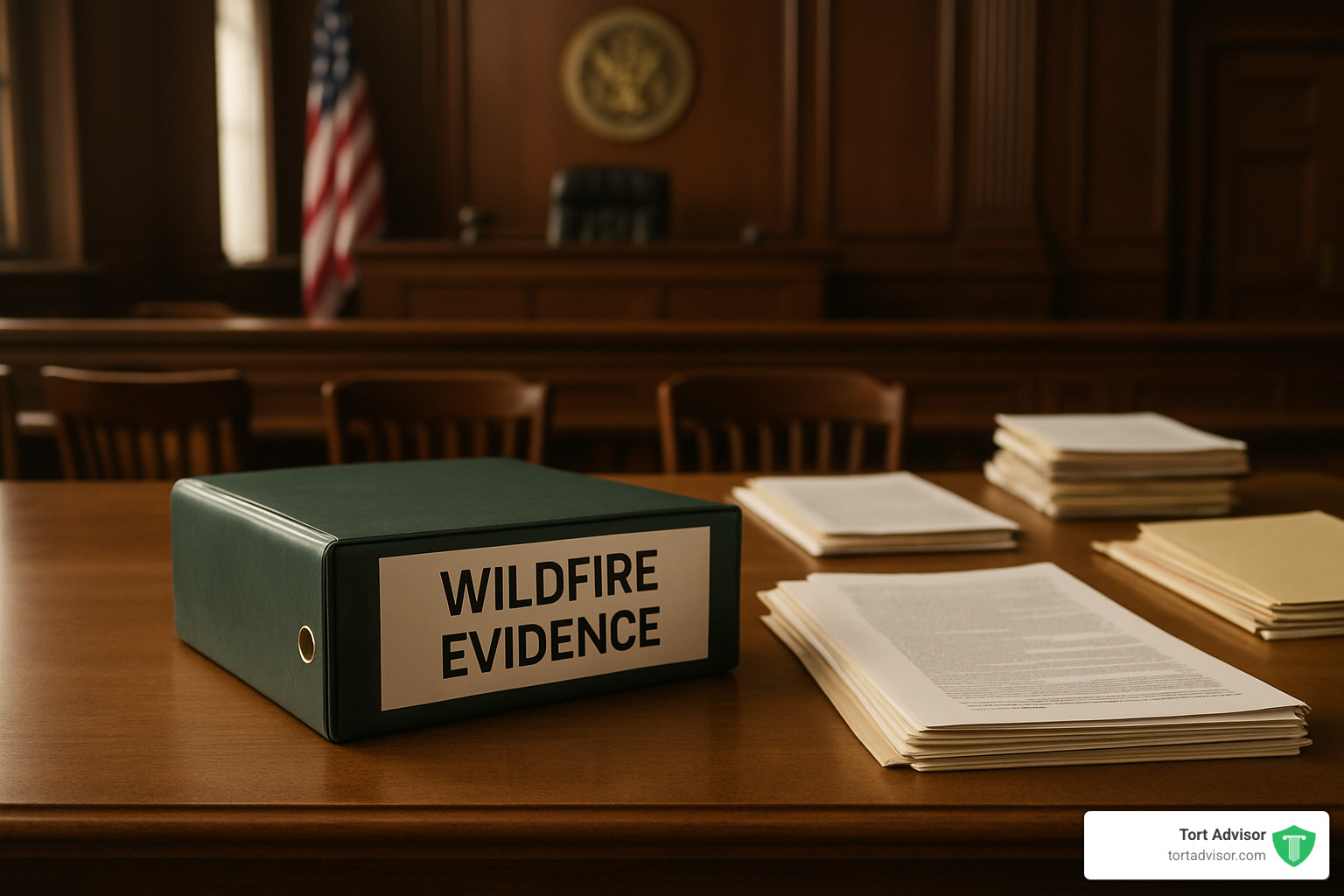 Courtroom binder labeled "Wildfire Evidence" with legal documents - California wildfire wrongful death