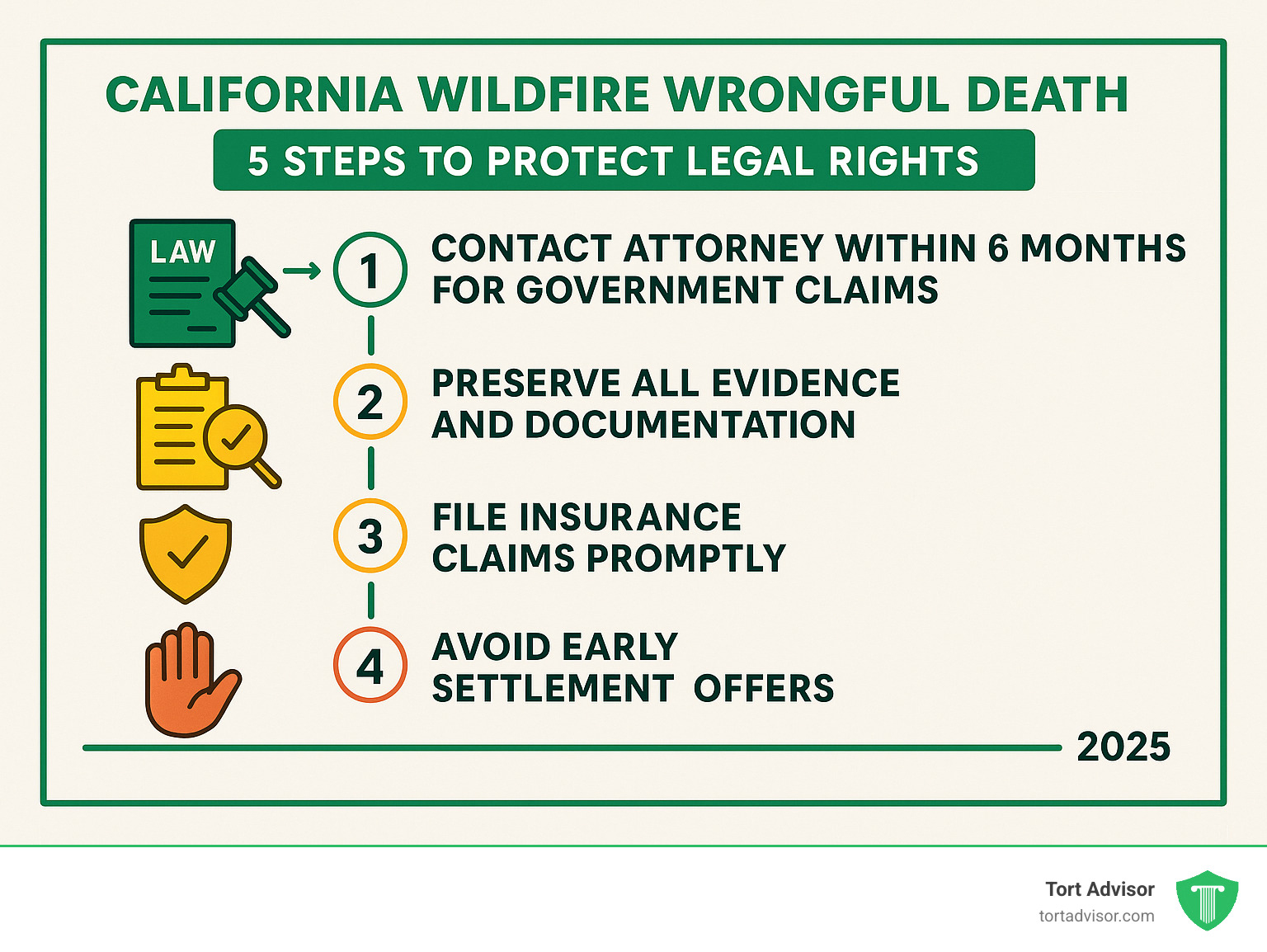 Infographic showing 5 key steps to protect legal rights after California wildfire wrongful death: 1) Contact attorney within 6 months for government claims, 2) Preserve all evidence and documentation, 3) File insurance claims promptly, 4) Avoid early settlement offers, 5) Document all losses and expenses - with timeline showing critical deadlines and action items - California wildfire wrongful death infographic 
