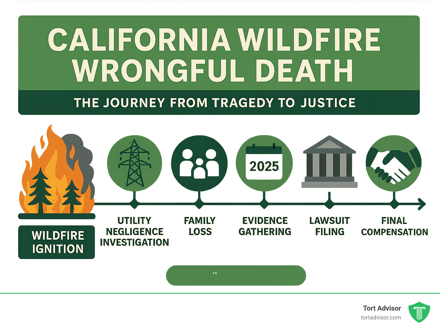 Infographic showing the timeline from wildfire ignition through utility negligence investigation, family loss, legal filing deadlines, evidence gathering, lawsuit filing, settlement negotiations, and final compensation - illustrating the complete journey from tragedy to justice in California wildfire wrongful death cases - California wildfire wrongful death infographic 
