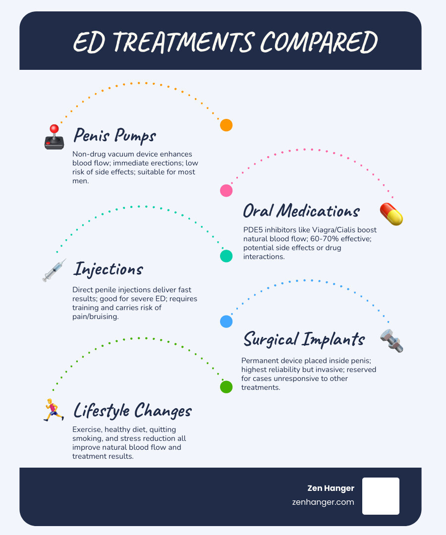 Comparison chart showing effectiveness rates, costs, and side effects of different ED treatments including penis pumps, oral medications, and surgical implants - penis pump for blood flow infographic infographic-line-5-steps-blues-accent_colors