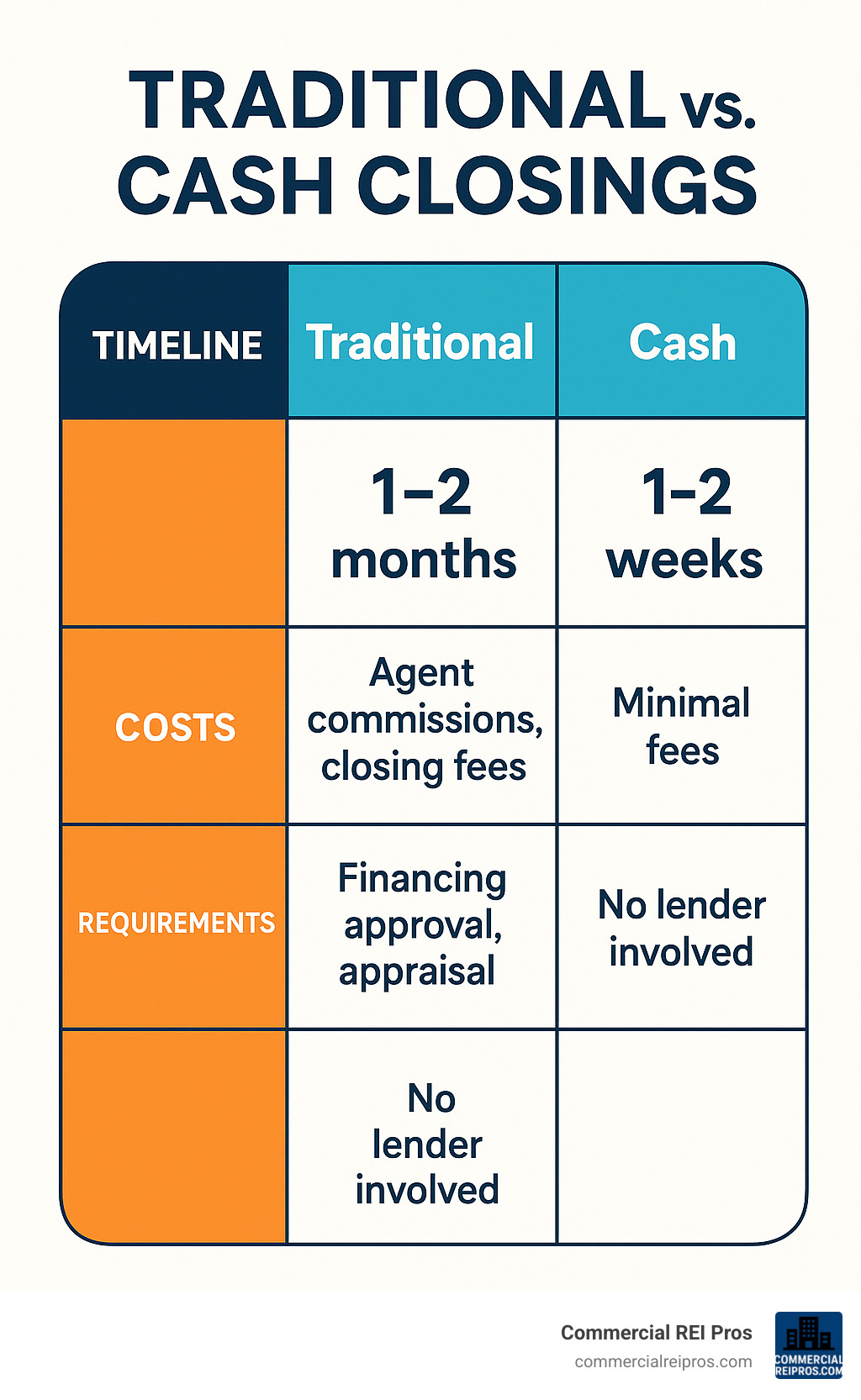 Table comparing traditional vs cash closings showing timeline, costs, and requirements differences - cash for commercial property infographic 