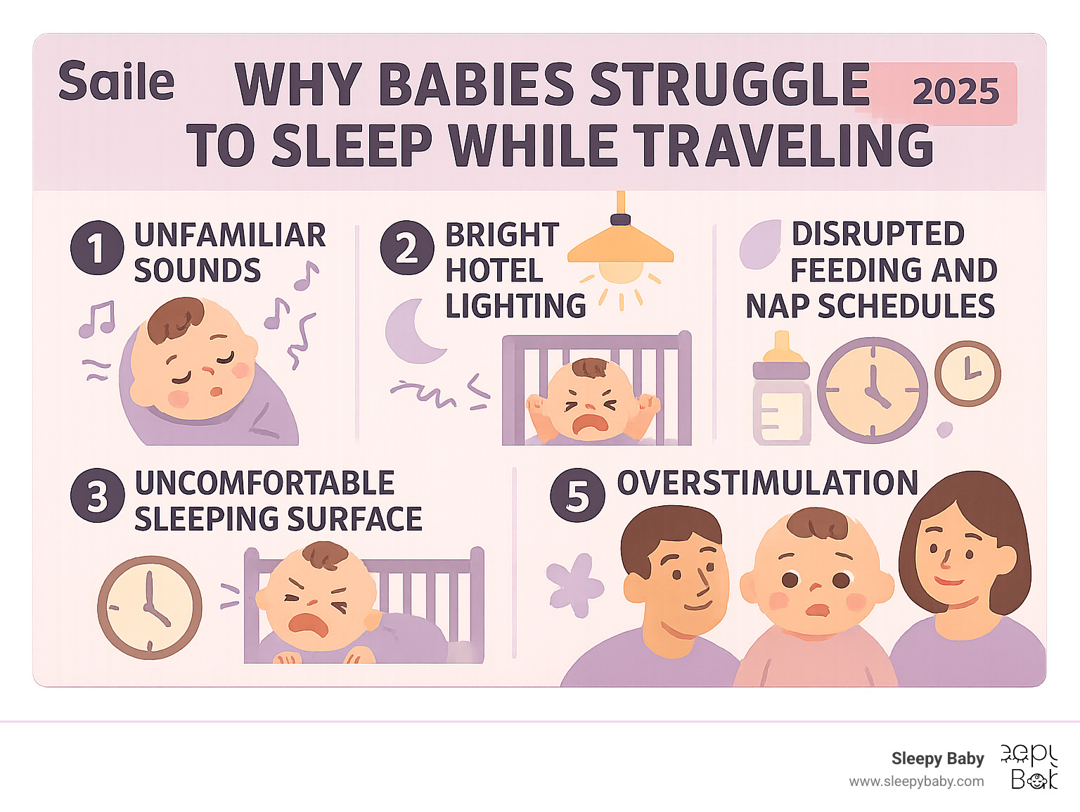 Infographic showing the top 5 reasons babies struggle to sleep while traveling: unfamiliar sounds masking their usual sleep cues, bright hotel lighting disrupting circadian rhythms, uncomfortable sleeping surfaces in cribs or bassinets, disrupted feeding and nap schedules, and overstimulation from new environments and faces - travel sleep aid for babies infographic 