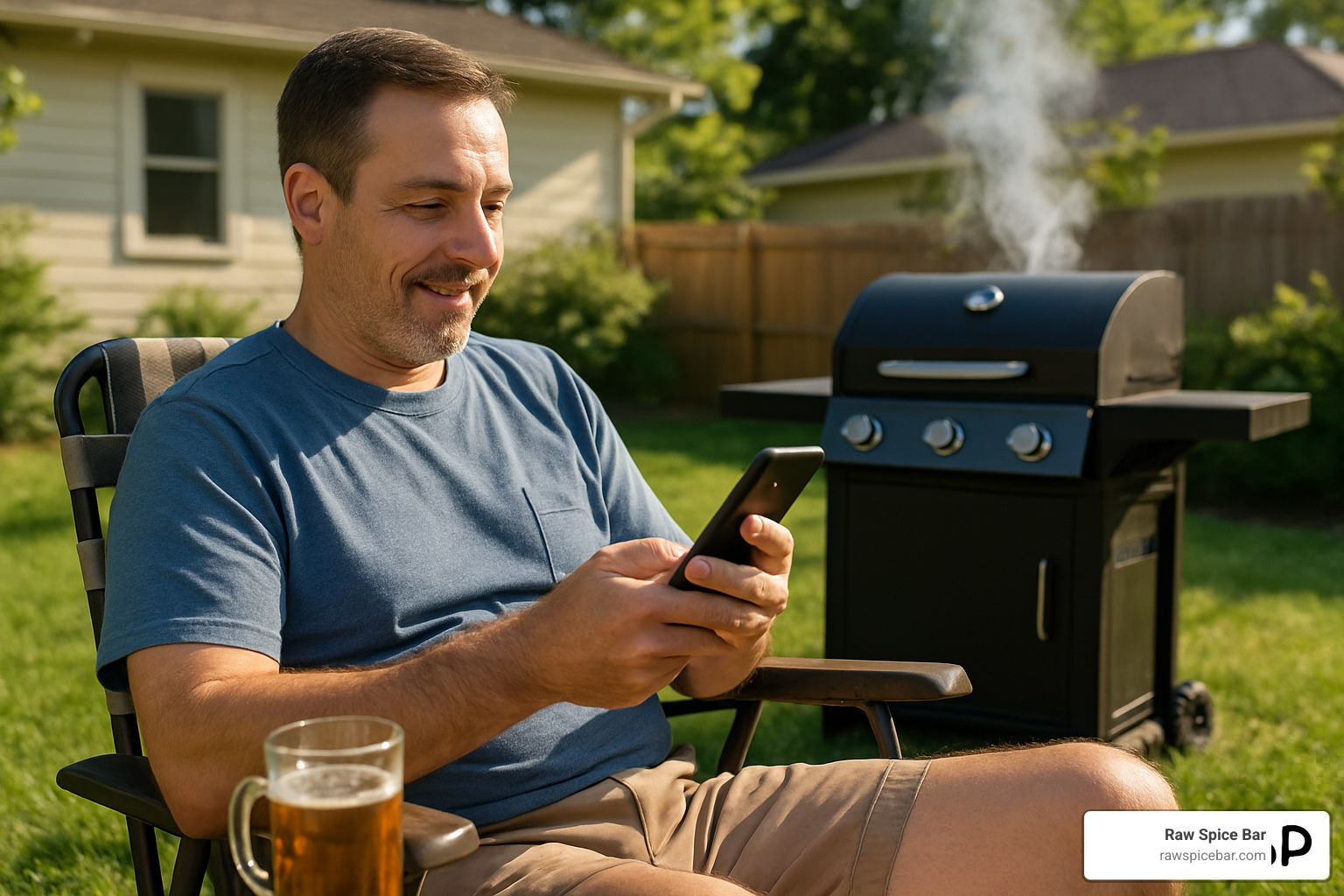 dad monitoring grill temperature on smartphone while relaxing in backyard - cooking gadgets for dad