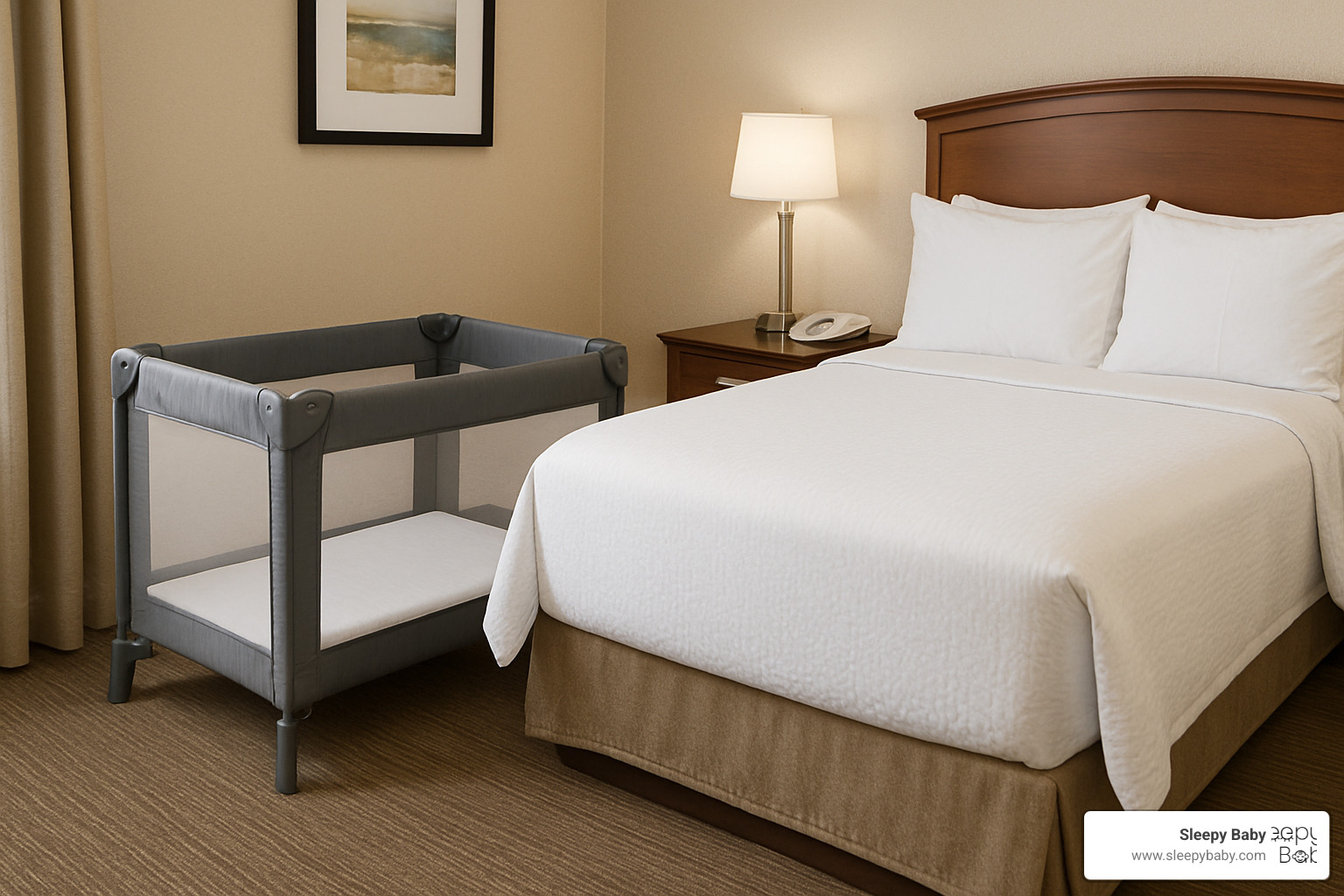 Hotel room with properly set up travel crib and safety measures - travel sleep aid for babies