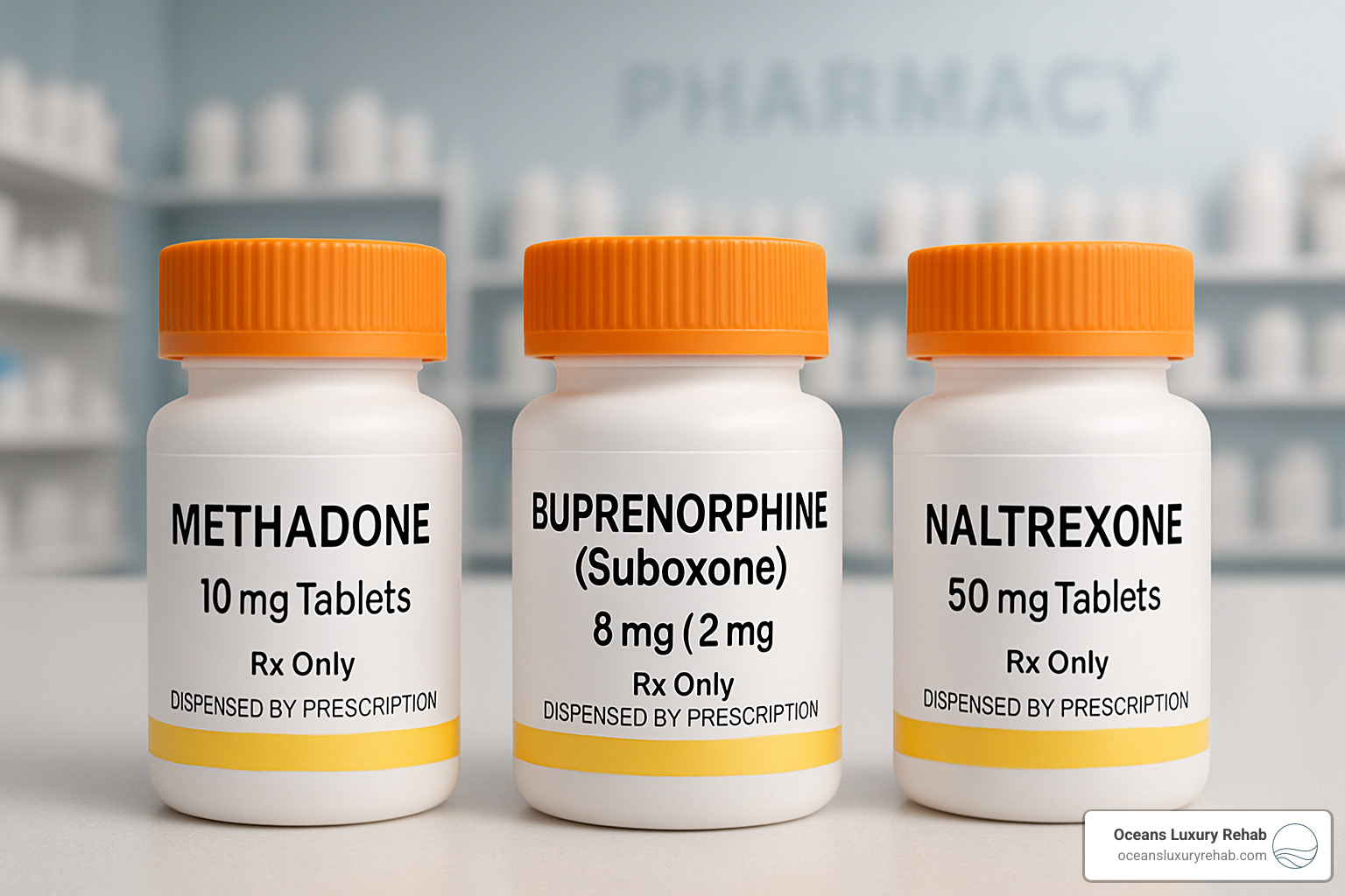 lineup of FDA-approved MAT medications including methadone, buprenorphine, naltrexone bottles with prescription labels - medication assisted treatment Lake Forest