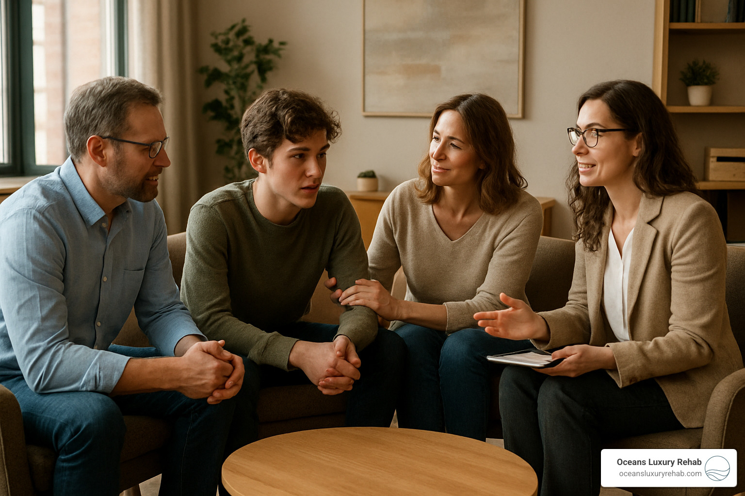 family therapy session with parents, patient, and therapist sitting in a circle having a supportive conversation - medication assisted treatment Lake Forest