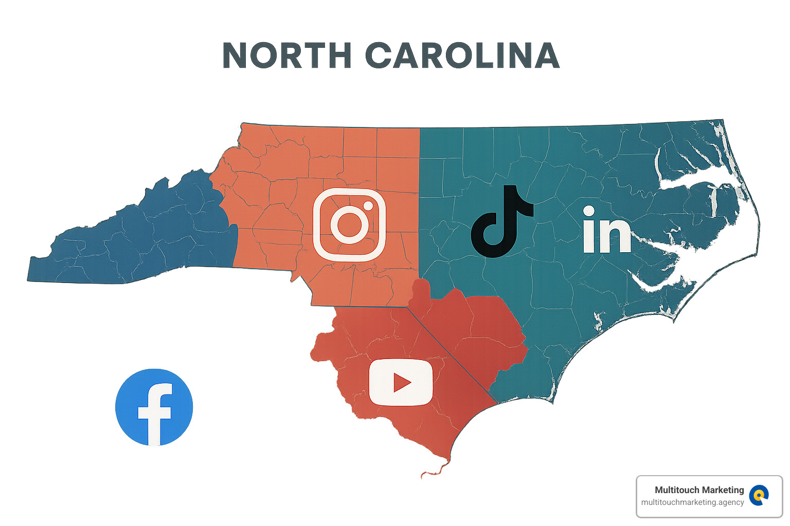 Platform logos arranged over North Carolina map showing geographic concentration of different social media platforms by region - SMM Agency North Carolina