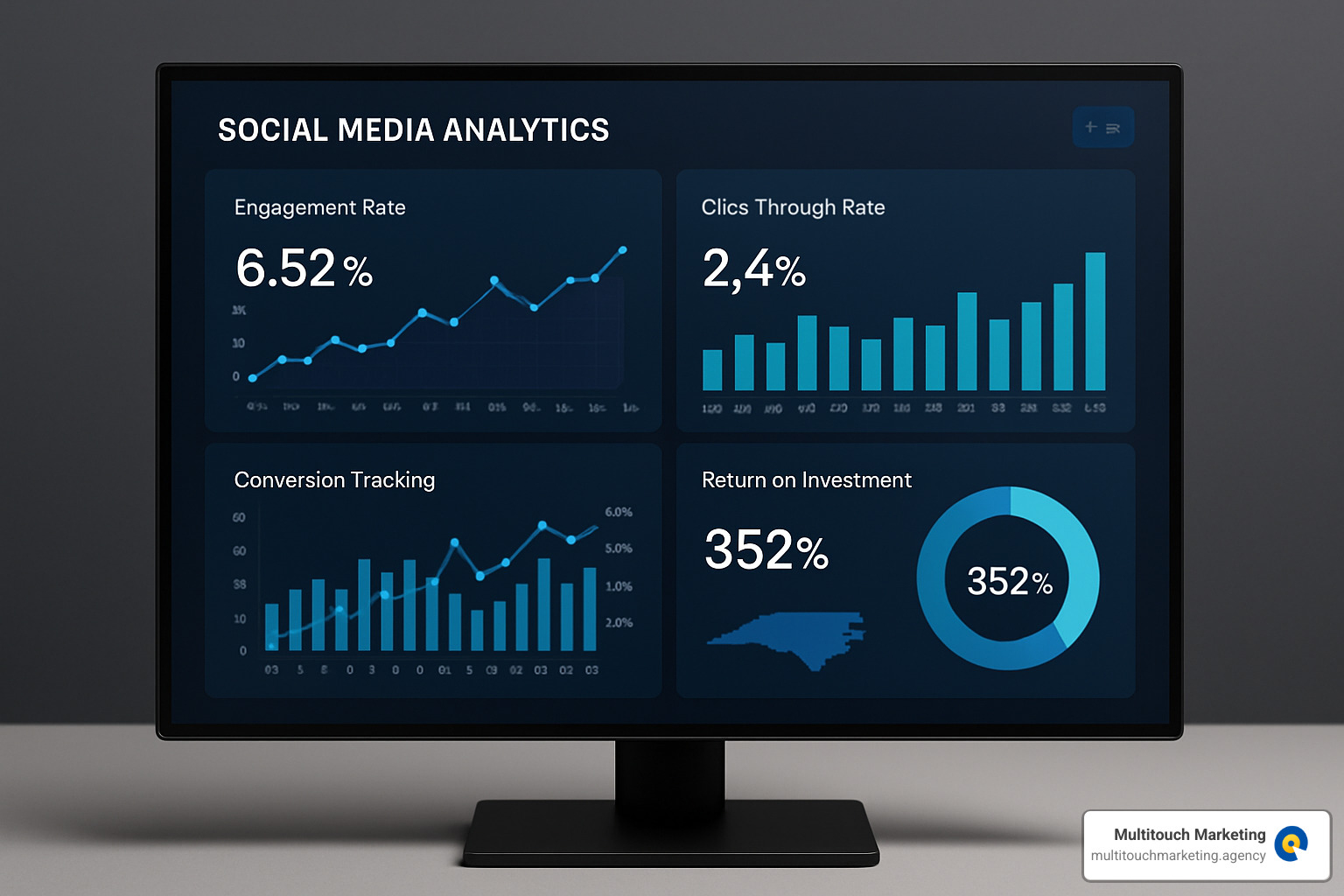Analytics dashboard showing social media performance metrics including engagement rates, click-through rates, conversion tracking, and ROI calculations - SMM Agency North Carolina