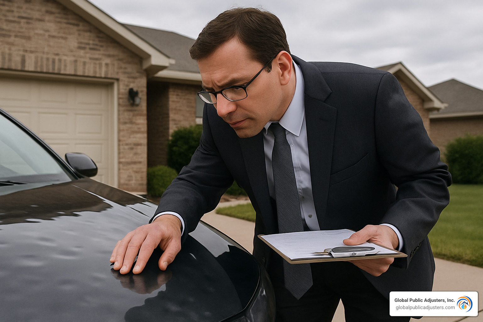 adjuster inspecting vehicle hood for hail damage - does liability insurance cover hail damage