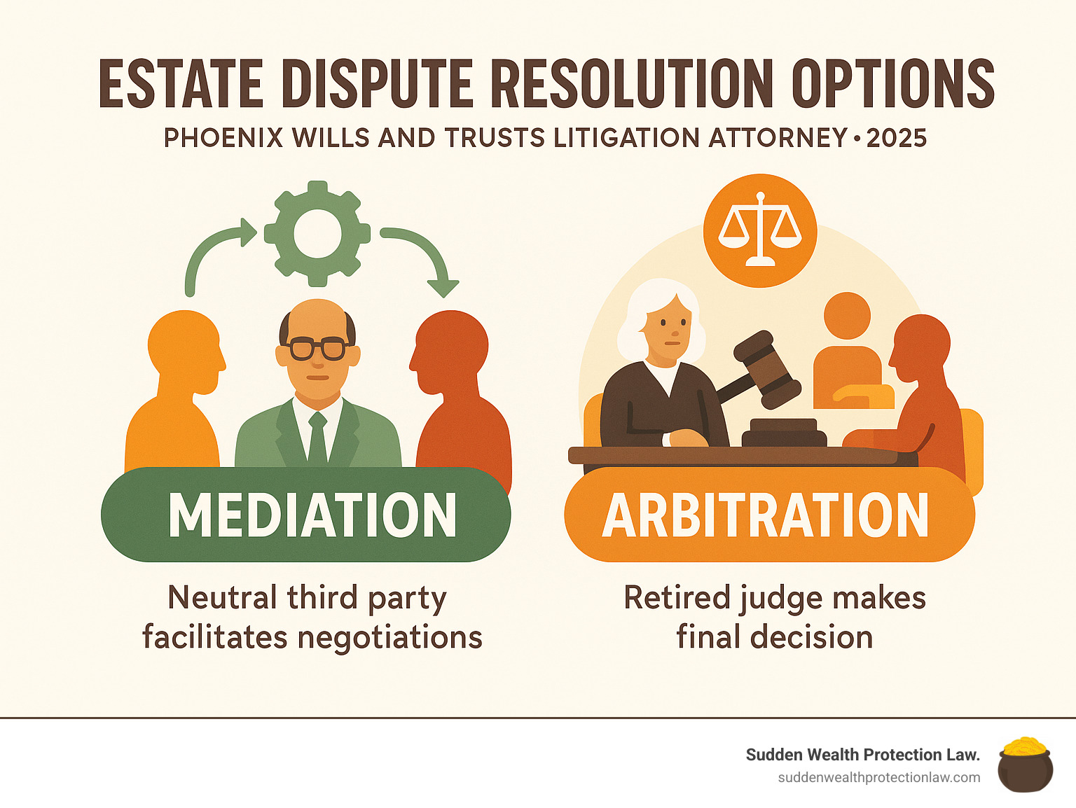 estate dispute resolution options including mediation and arbitration - phoenix wills and trusts litigation attorney infographic 