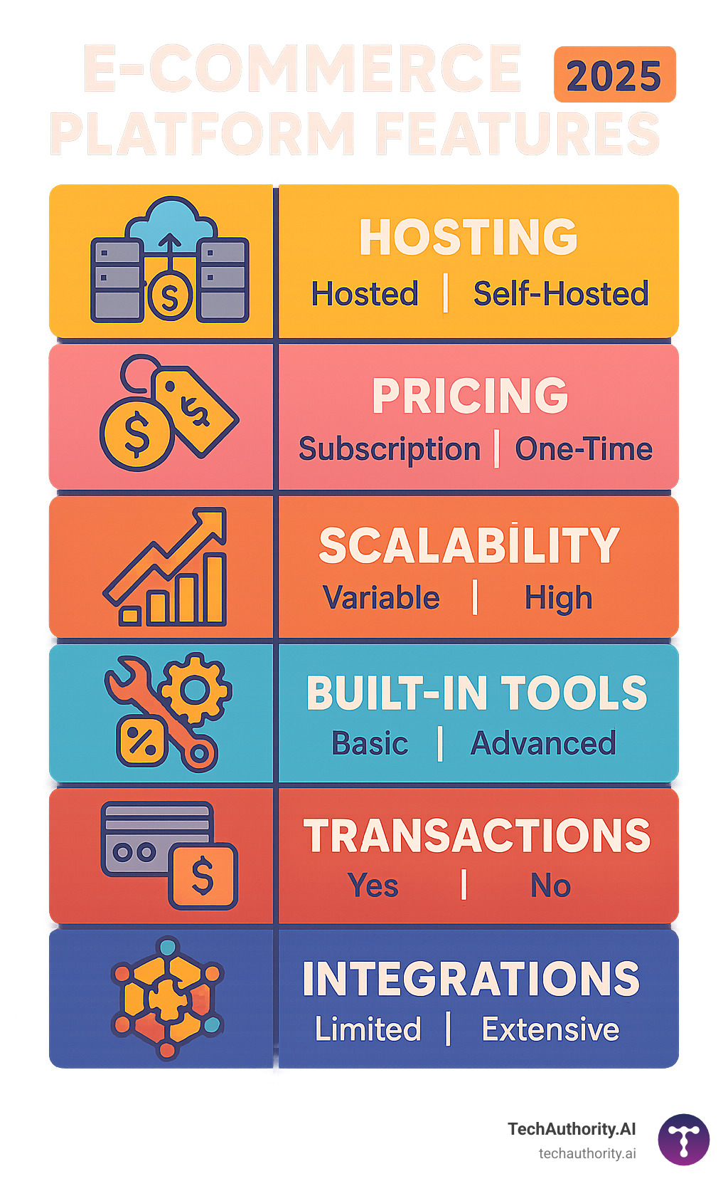 Comprehensive comparison of ecommerce platform features including hosting types, pricing models, scalability options, built-in tools, transaction fees, and integration capabilities - ecommerce development platforms infographic