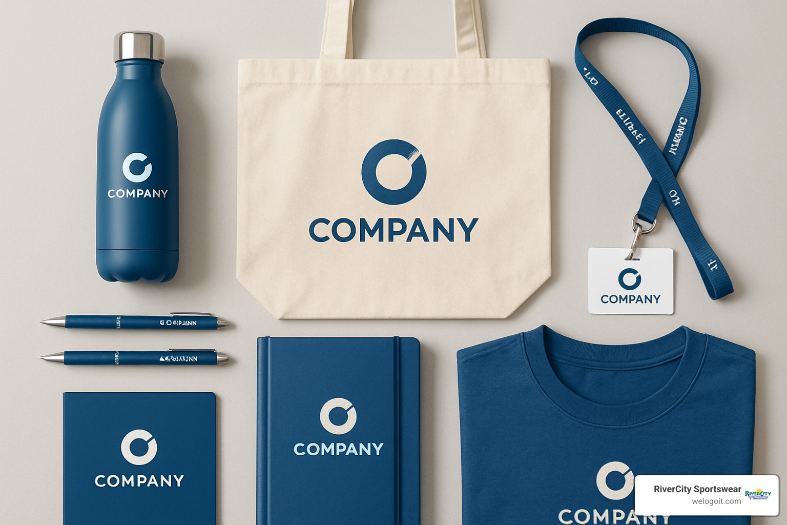 corporate event merchandise options displayed in an organized flat lay - corporate event merchandise
