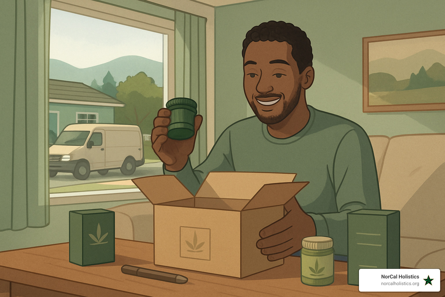 Happy customer unboxing new cannabis accessories in a comfortable home setting - buy weed accessories online