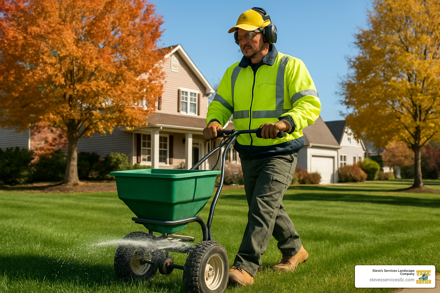 Professional landscaper applying fall fertilizer with calibrated spreader equipment - fall fertilizer