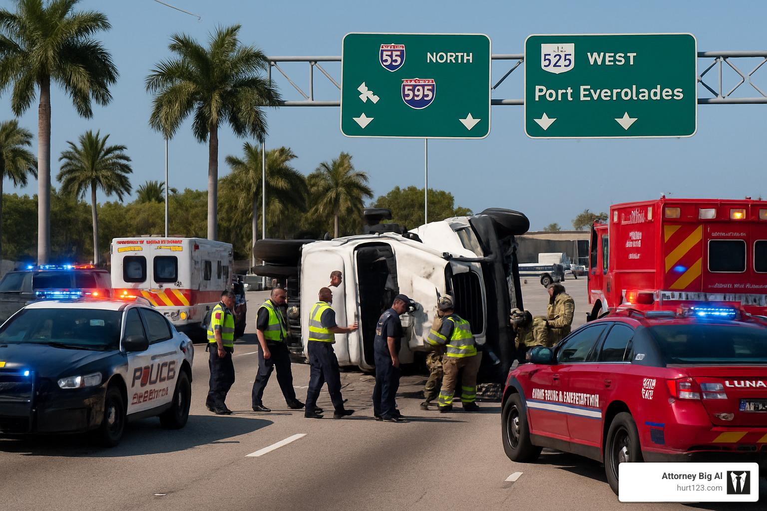 Emergency responders at Fort Lauderdale truck accident scene with police, ambulances, and fire trucks - florida truck accident lawyer