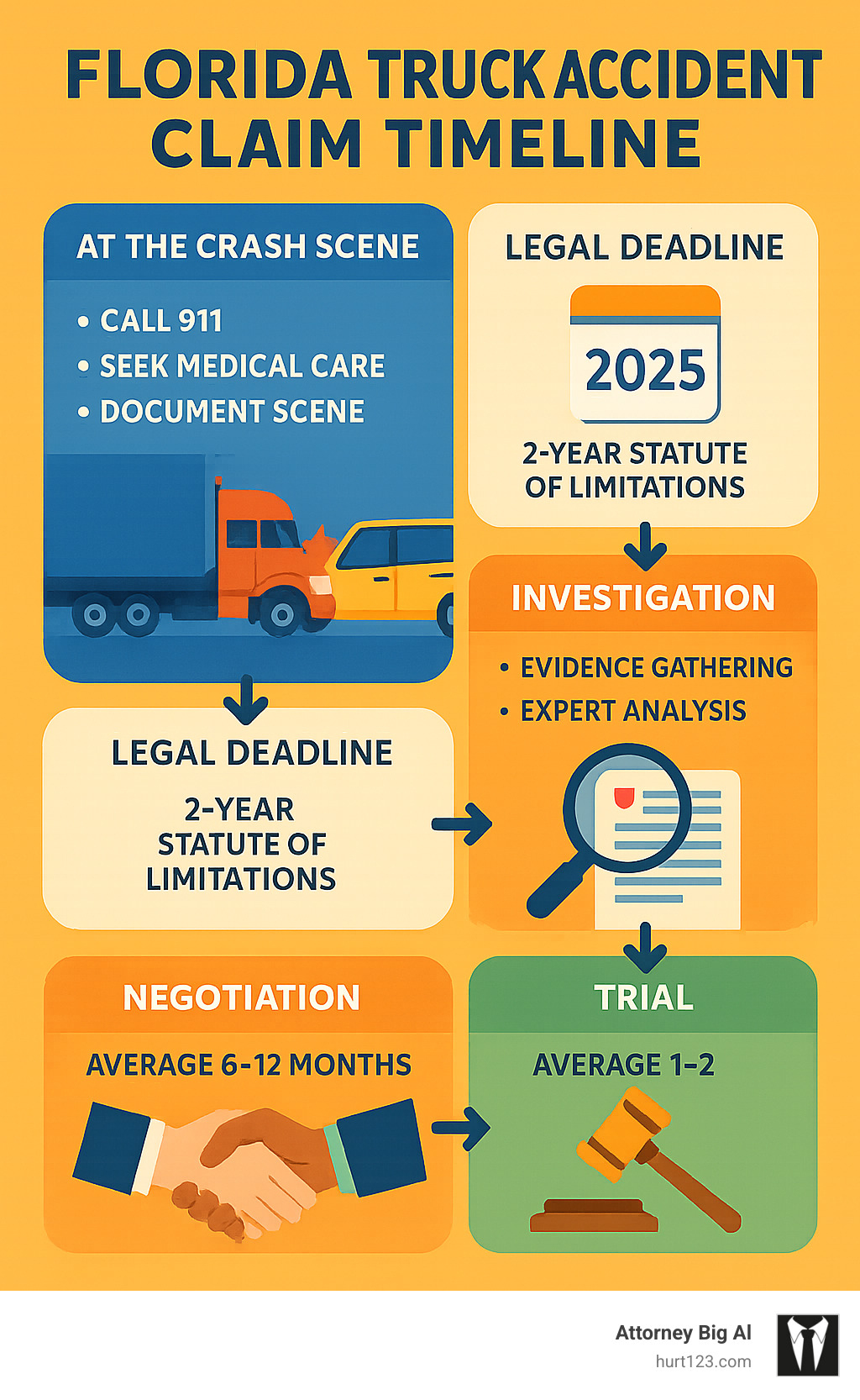 Detailed infographic showing Florida truck accident claim timeline from crash scene to settlement, including immediate steps (call 911, seek medical care, document scene), legal deadlines (2-year statute of limitations), investigation phase (evidence gathering, expert analysis), negotiation period, and potential trial process with average timeframes for each stage - florida truck accident lawyer infographic 