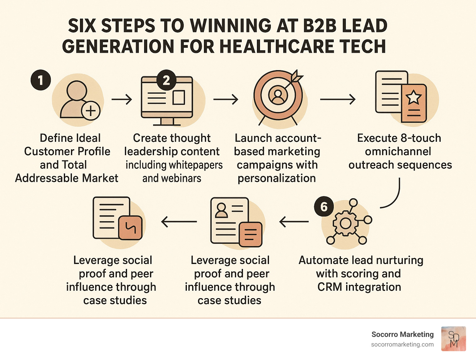 Infographic showing the 6-step B2B healthcare technology lead generation process: Step 1 - Define Ideal Customer Profile and Total Addressable Market, Step 2 - Create thought leadership content including whitepapers and webinars, Step 3 - Launch account-based marketing campaigns with personalization, Step 4 - Execute 8-touch omnichannel outreach sequences, Step 5 - Leverage social proof and peer influence through case studies, Step 6 - Automate lead nurturing with scoring and CRM integration - b2b lead generation for healthcare technology infographic Infographic showing the 6-step B2B healthcare technology lead generation process: Step 1 - Define Ideal Customer Profile and Total Addressable Market, Step 2 - Create thought leadership content including whitepapers and webinars, Step 3 - Launch account-based marketing campaigns with personalization, Step 4 - Execute 8-touch omnichannel outreach sequences, Step 5 - Leverage social proof and peer influence through case studies, Step 6 - Automate lead nurturing with scoring and CRM integration - b2b lead generation for healthcare technology infographic