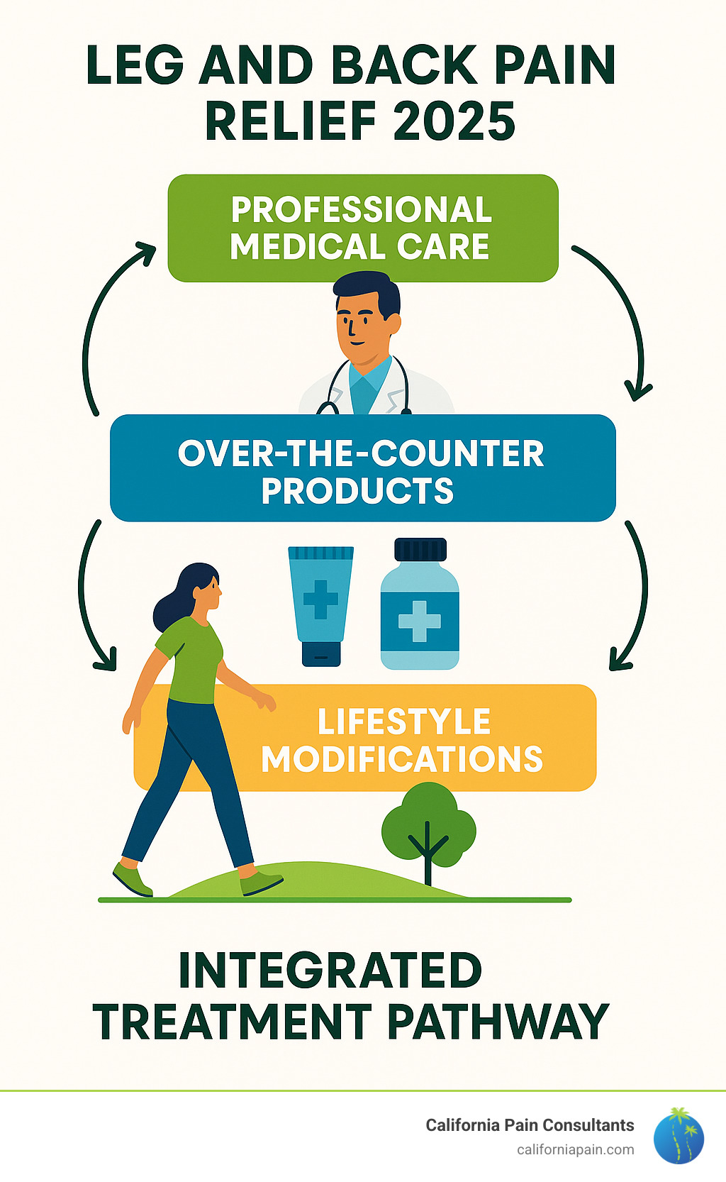 Integrated treatment pathway infographic showing how different approaches work together: lifestyle modifications forming the foundation, over-the-counter products providing symptom relief, and professional medical care addressing underlying causes, with arrows showing the interconnected nature of comprehensive pain management - leg and back pain relief infographic Integrated treatment pathway infographic showing how different approaches work together: lifestyle modifications forming the foundation, over-the-counter products providing symptom relief, and professional medical care addressing underlying causes, with arrows showing the interconnected nature of comprehensive pain management - leg and back pain relief infographic