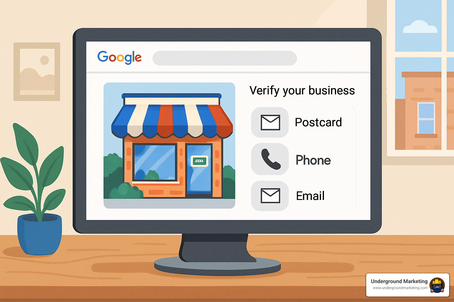 Google Business Profile verification process showing postcard, phone, and email options - google business optimisation