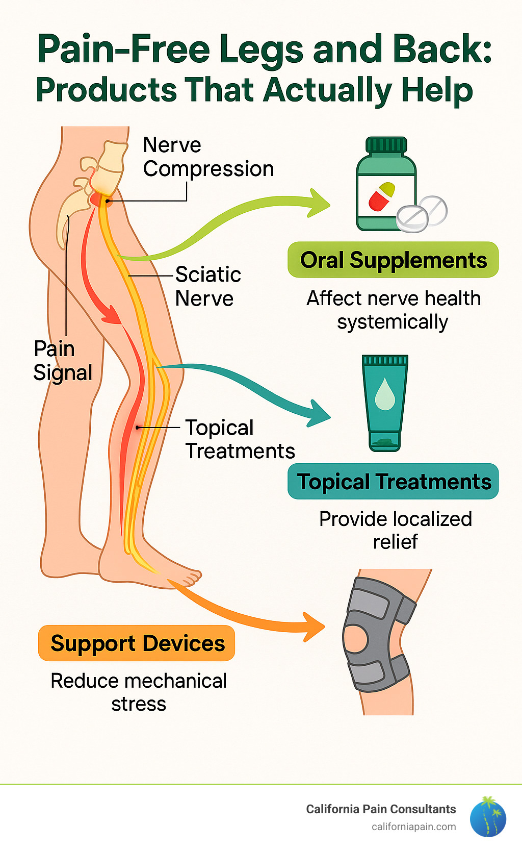 Comprehensive infographic showing the pain signal pathway from nerve compression in the spine through the sciatic nerve down to the legs, with arrows indicating how different product types target various points along this pathway including oral supplements affecting nerve health systemically, topical treatments providing localized relief, and support devices reducing mechanical stress - leg and back pain relief infographic Comprehensive infographic showing the pain signal pathway from nerve compression in the spine through the sciatic nerve down to the legs, with arrows indicating how different product types target various points along this pathway including oral supplements affecting nerve health systemically, topical treatments providing localized relief, and support devices reducing mechanical stress - leg and back pain relief infographic