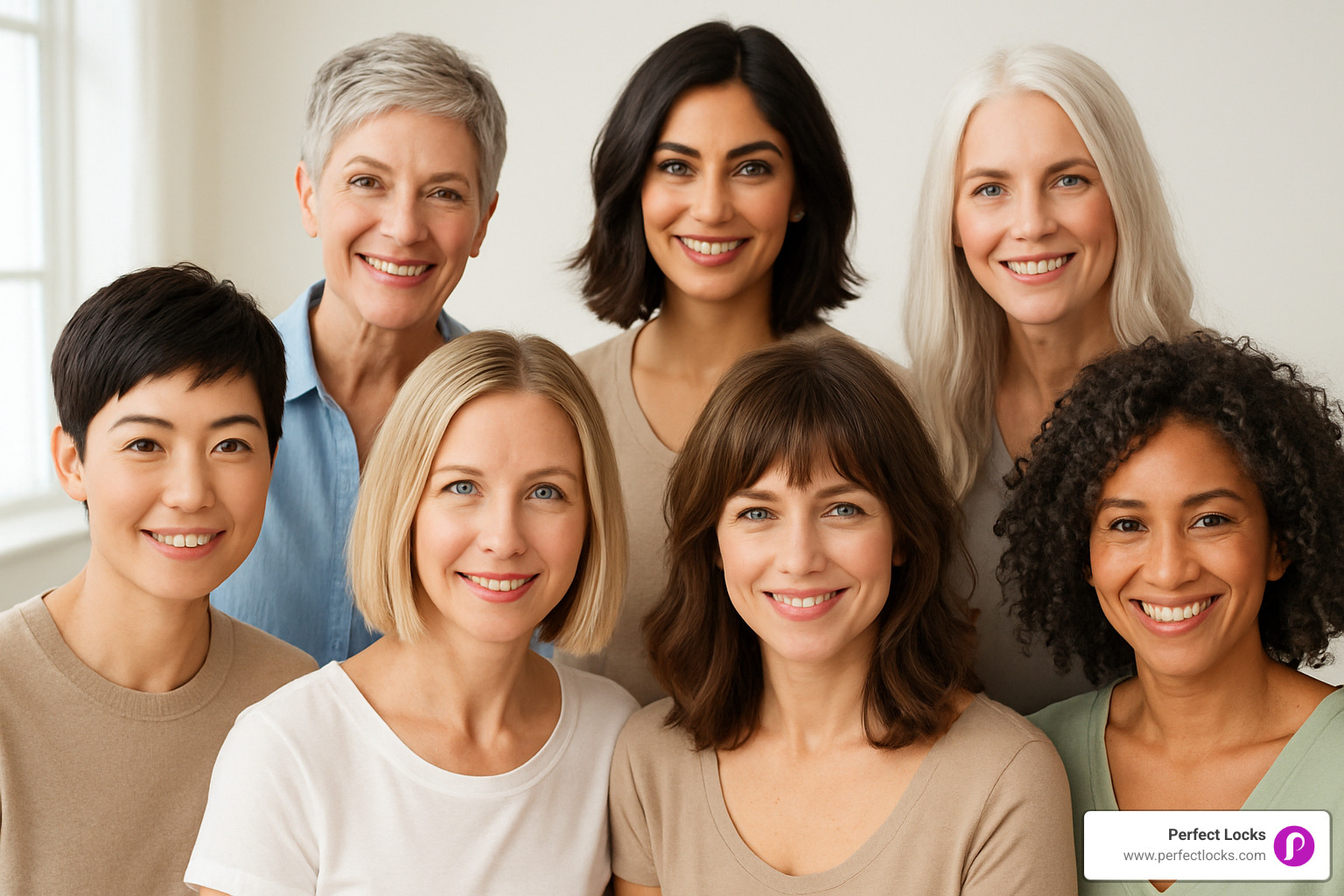 Collection of diverse women showing different age-defying haircuts including pixie cuts, bobs, lobs, and shags in straight, wavy, curly - haircut to look younger and thinner