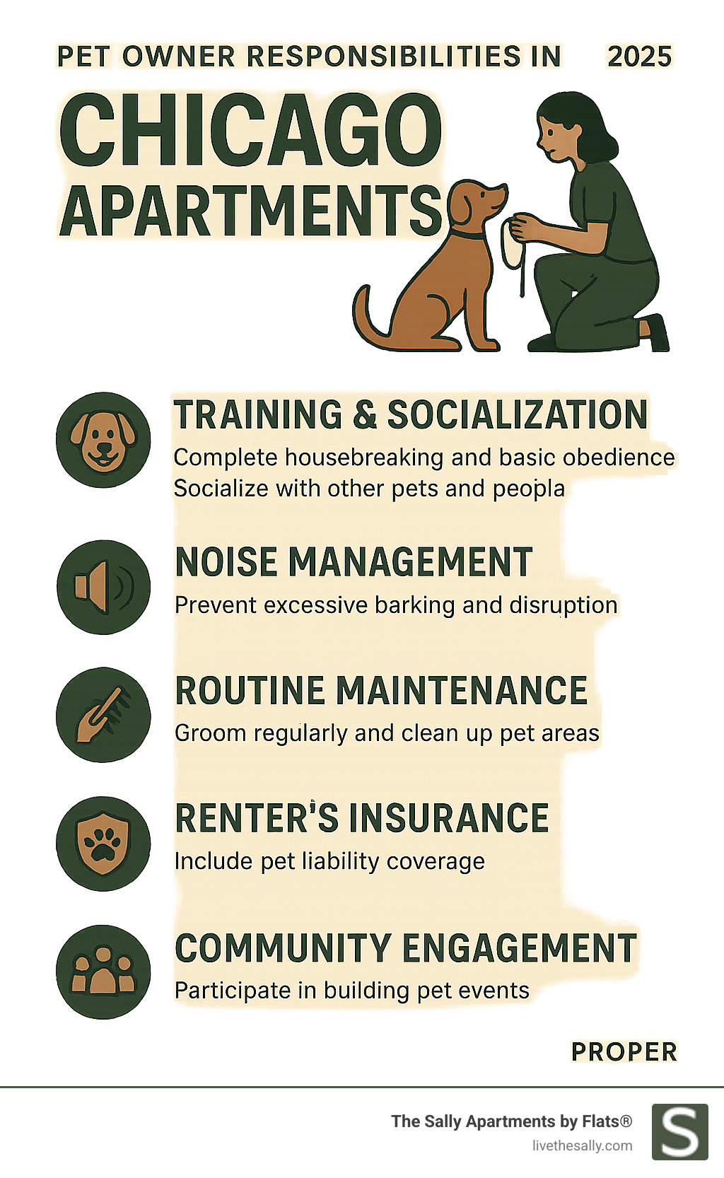 Infographic showing pet owner responsibilities in Chicago apartments including training requirements, noise management, routine maintenance, insurance needs, and community engagement - Chicago pet-friendly apartments infographic  Infographic showing pet owner responsibilities in Chicago apartments including training requirements, noise management, routine maintenance, insurance needs, and community engagement - Chicago pet-friendly apartments infographic