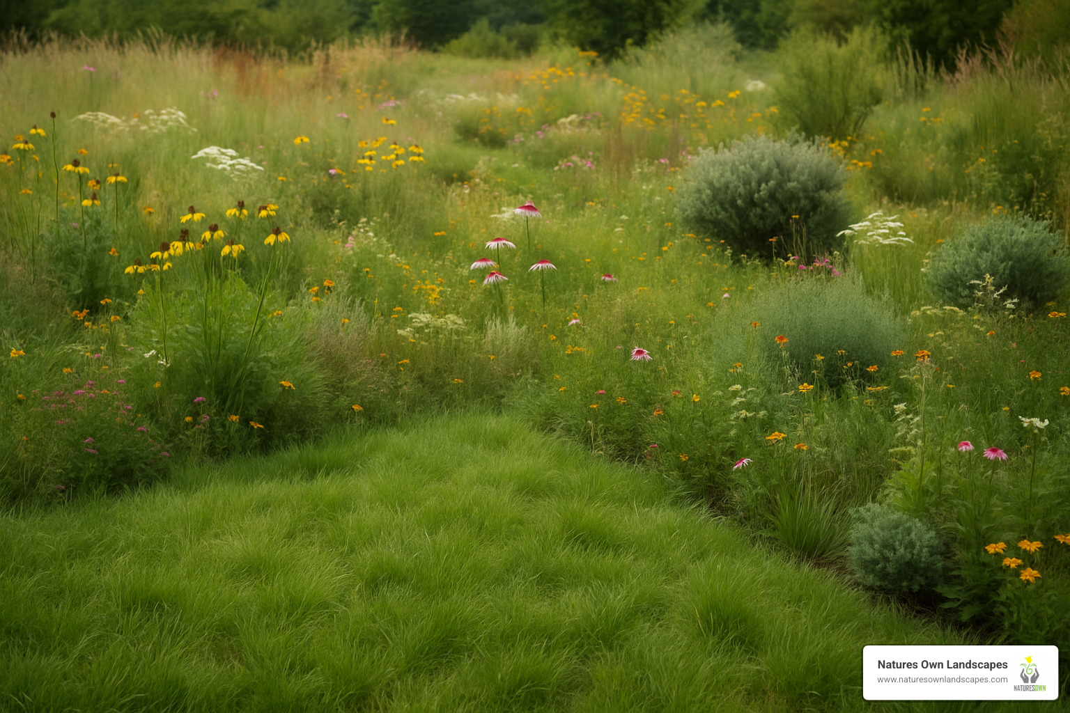 native grass lawn with diverse plantings - eco friendly lawn care