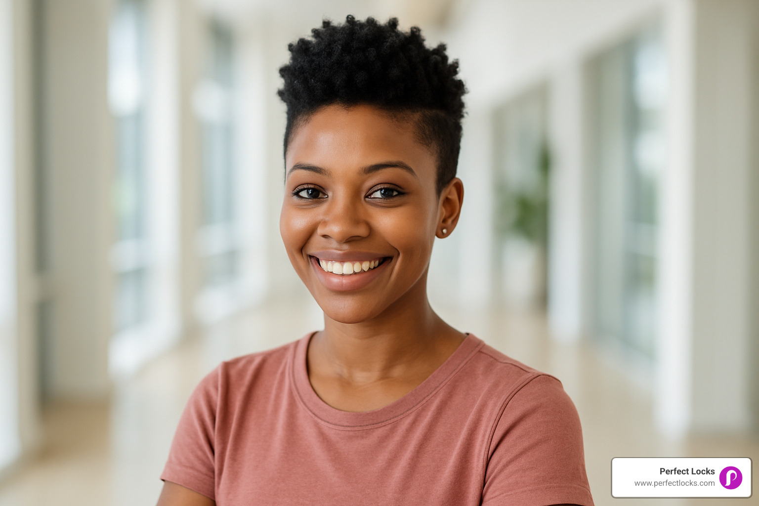 woman with a tapered natural pixie - haircut to look younger and thinner