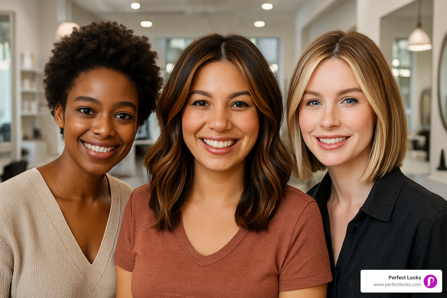 3 diverse women with dimensional color, face-brightening highlights, and money piece to look younger and slimmer - haircut to look younger and thinner