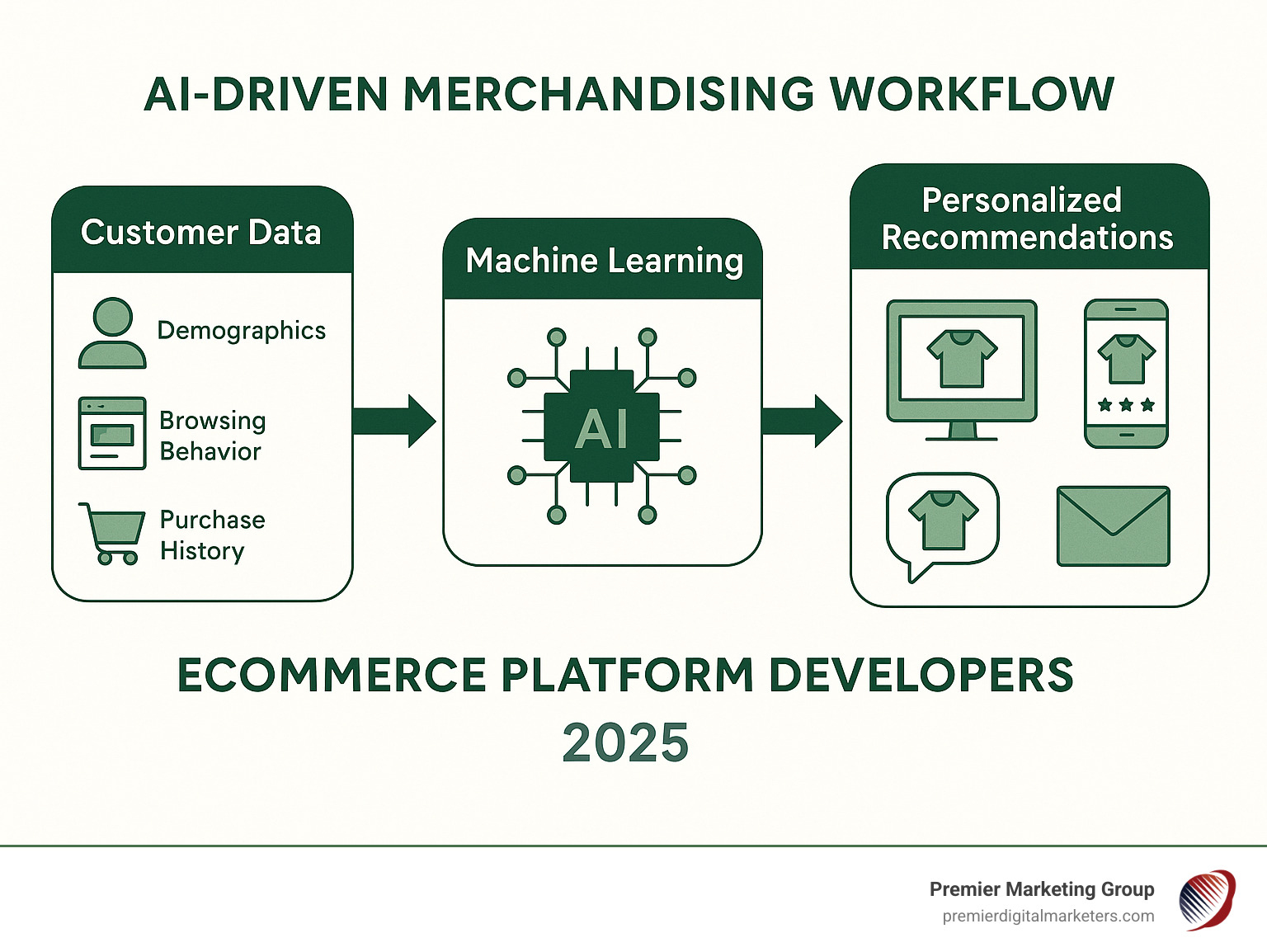 Advanced infographic showing AI-driven merchandising workflow with customer data inputs, machine learning processing, and personalized output recommendations across multiple touchpoints - ecommerce platform developers infographic 
