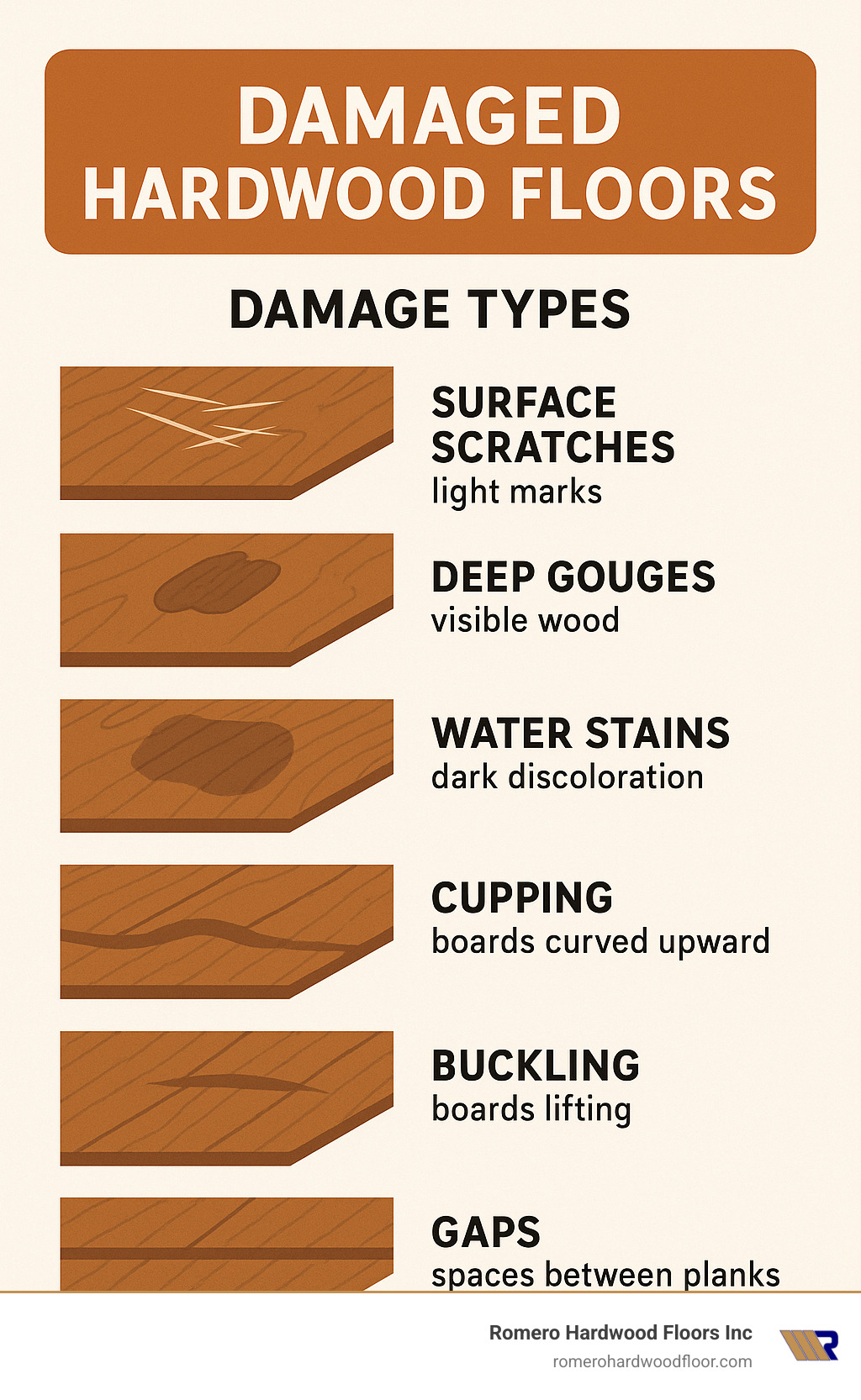 Infographic detailing damage types with visual examples: surface scratches (light marks), deep gouges (visible wood), water stains (dark discoloration), cupping (boards curved upward), buckling (boards lifting), and gaps (spaces between planks) - how to repair damaged hardwood floors infographic 