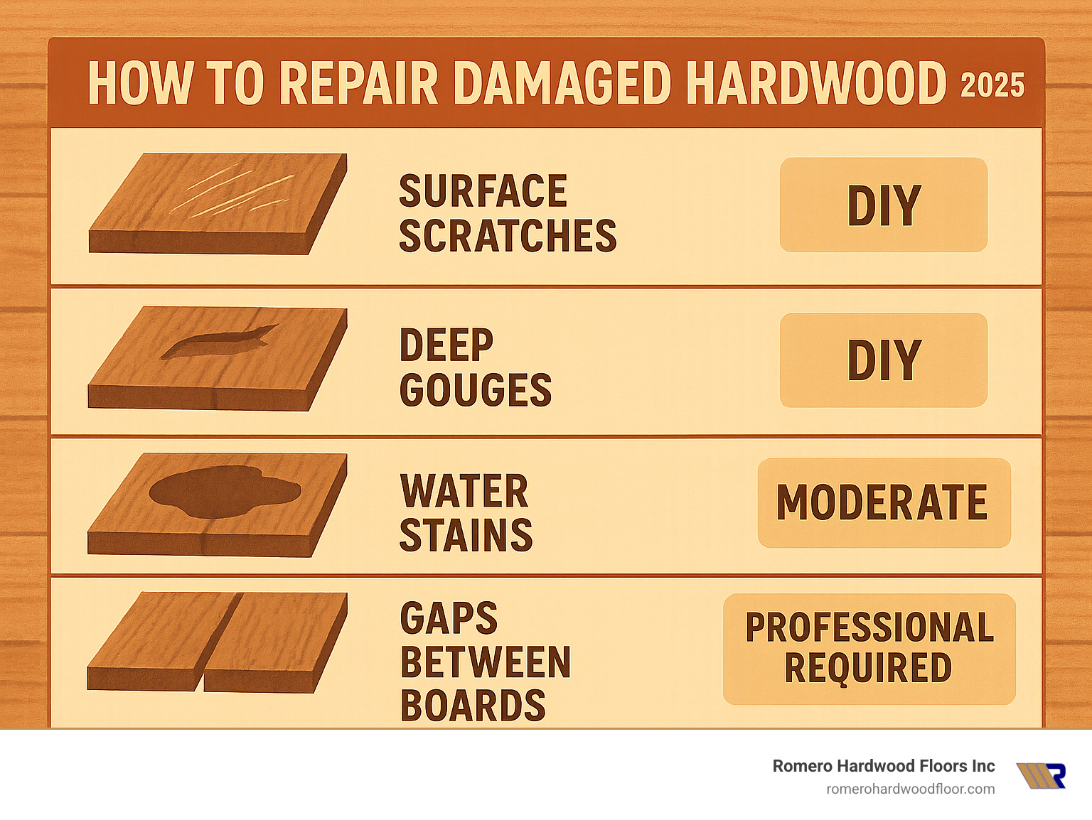 Infographic showing common hardwood floor damage types including surface scratches, deep gouges, water stains, gaps between boards, and warped planks with corresponding repair difficulty levels from DIY to professional required - how to repair damaged hardwood floors infographic 