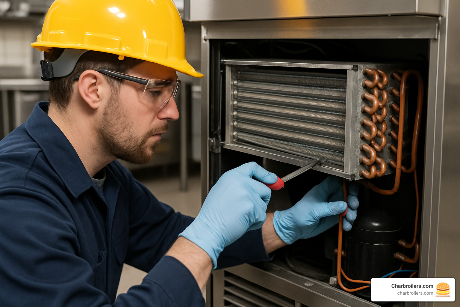 technician performing maintenance on ice maker evaporator coils - commercial ice maker without bin