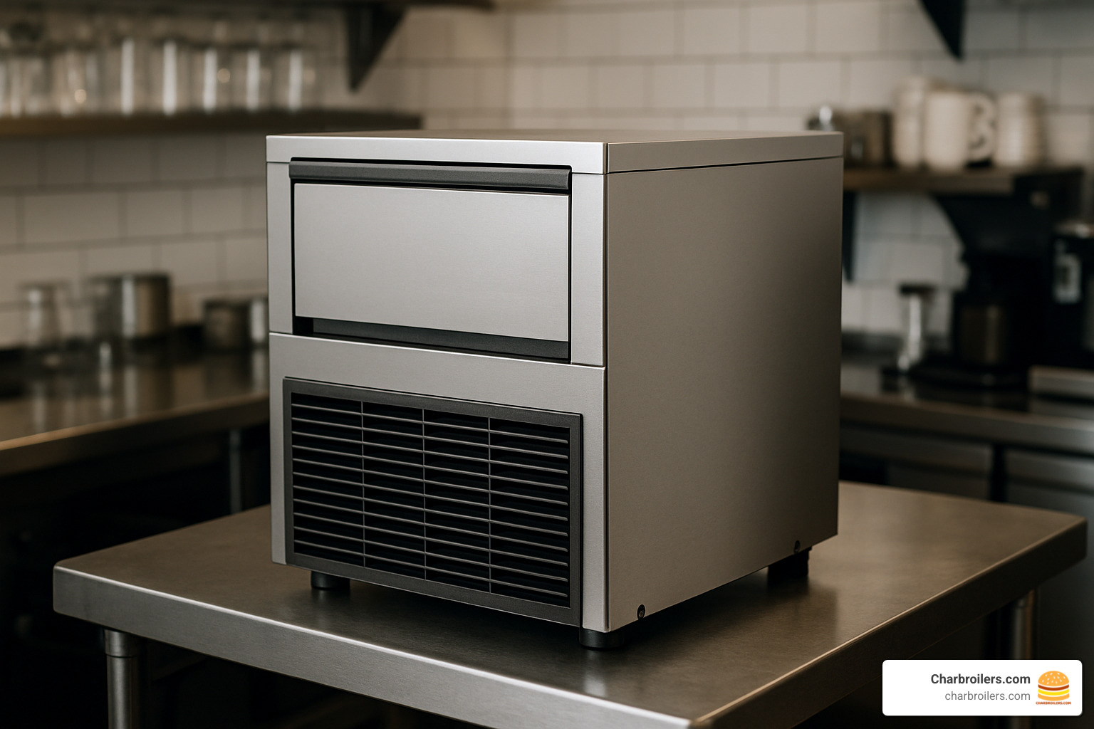 compact modular ice maker head on stainless steel prep table - commercial ice maker without bin