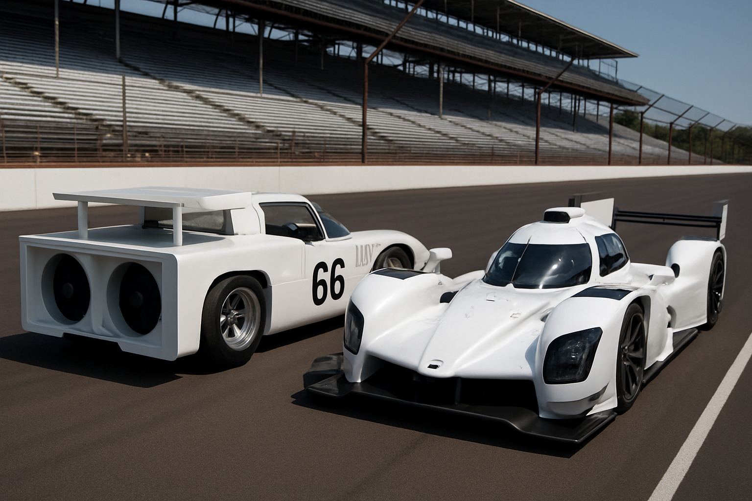 historic Chaparral 2J fan car alongside modern LMP prototype showing aerodynamic evolution - race car aerodynamics explained