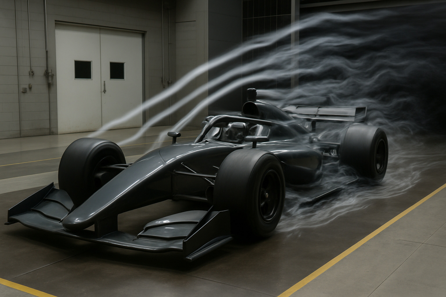 smoke-stream wind-tunnel test showing airflow patterns around a race car - race car aerodynamics explained