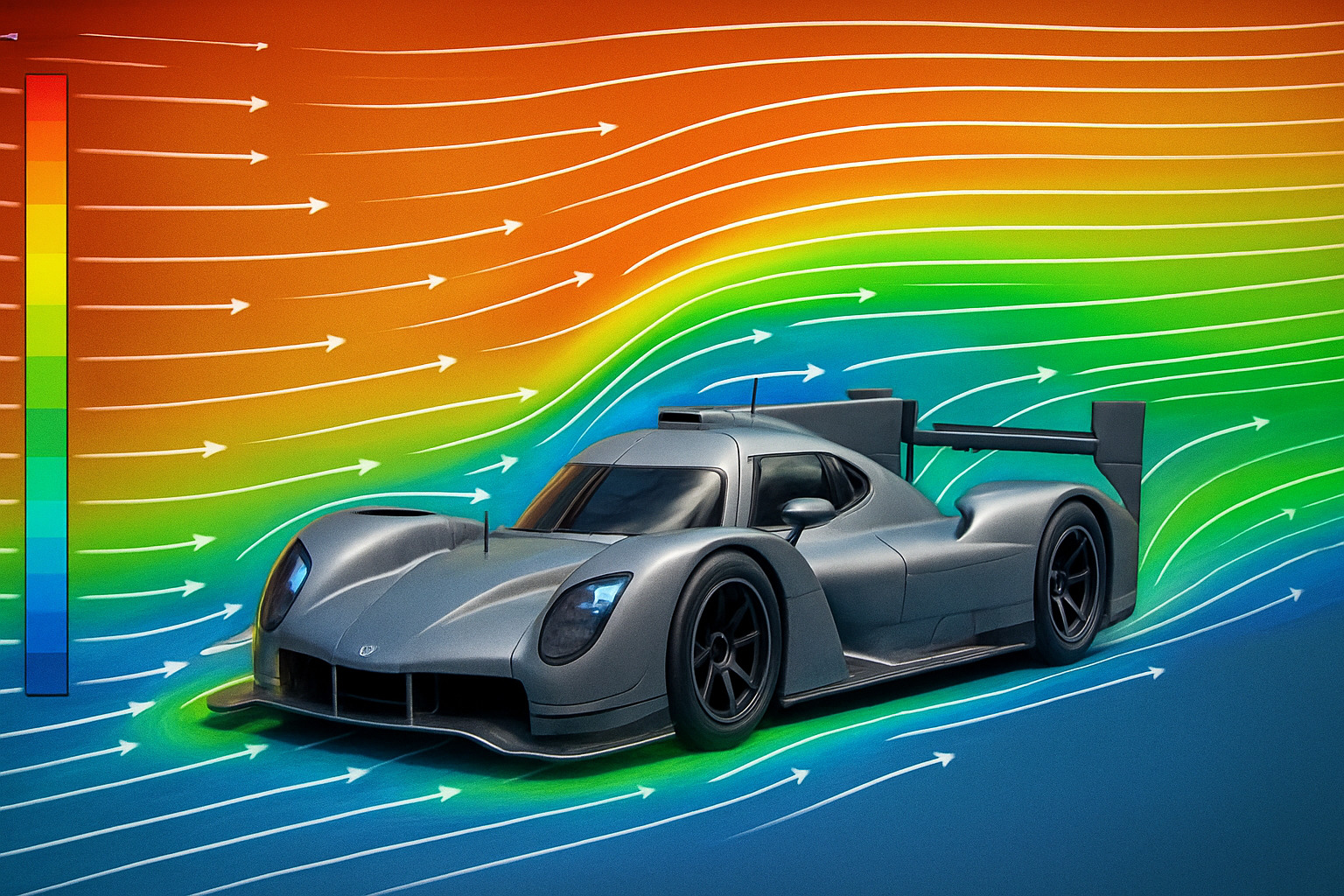 CFD simulation showing colorful airflow patterns and pressure zones around a race car - race car aerodynamics explained