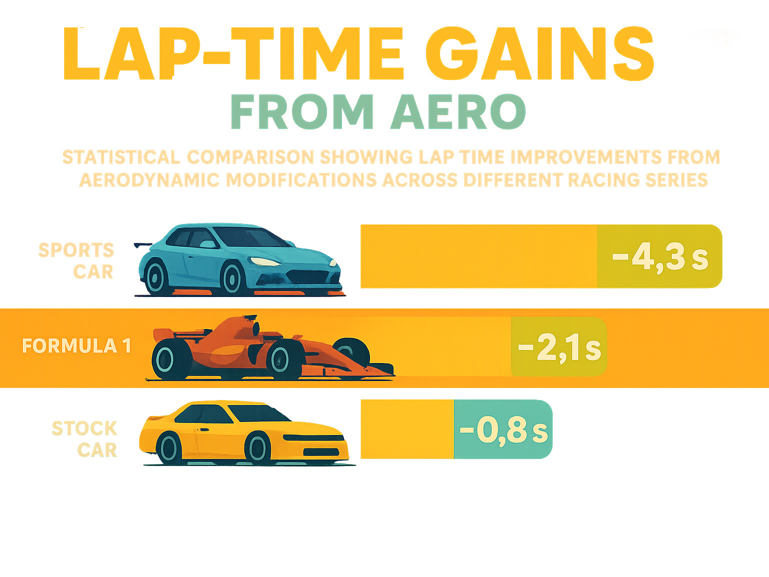Statistical comparison showing lap time improvements from aerodynamic modifications across different racing series - race car aerodynamics explained infographic 