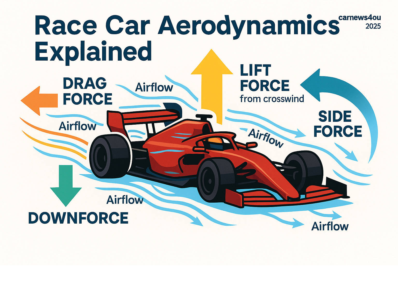 Detailed infographic showing the four main aerodynamic forces acting on a race car: drag force pointing backward, downforce pointing downward, side force from crosswinds, and lift force pointing upward, with arrows indicating airflow patterns around wings, underbody, and body panels - race car aerodynamics explained infographic 