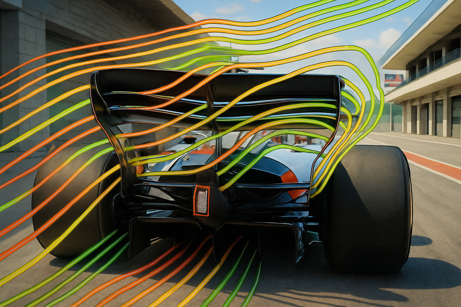 multi-element rear wing with detailed view of airflow patterns - race car aerodynamics explained