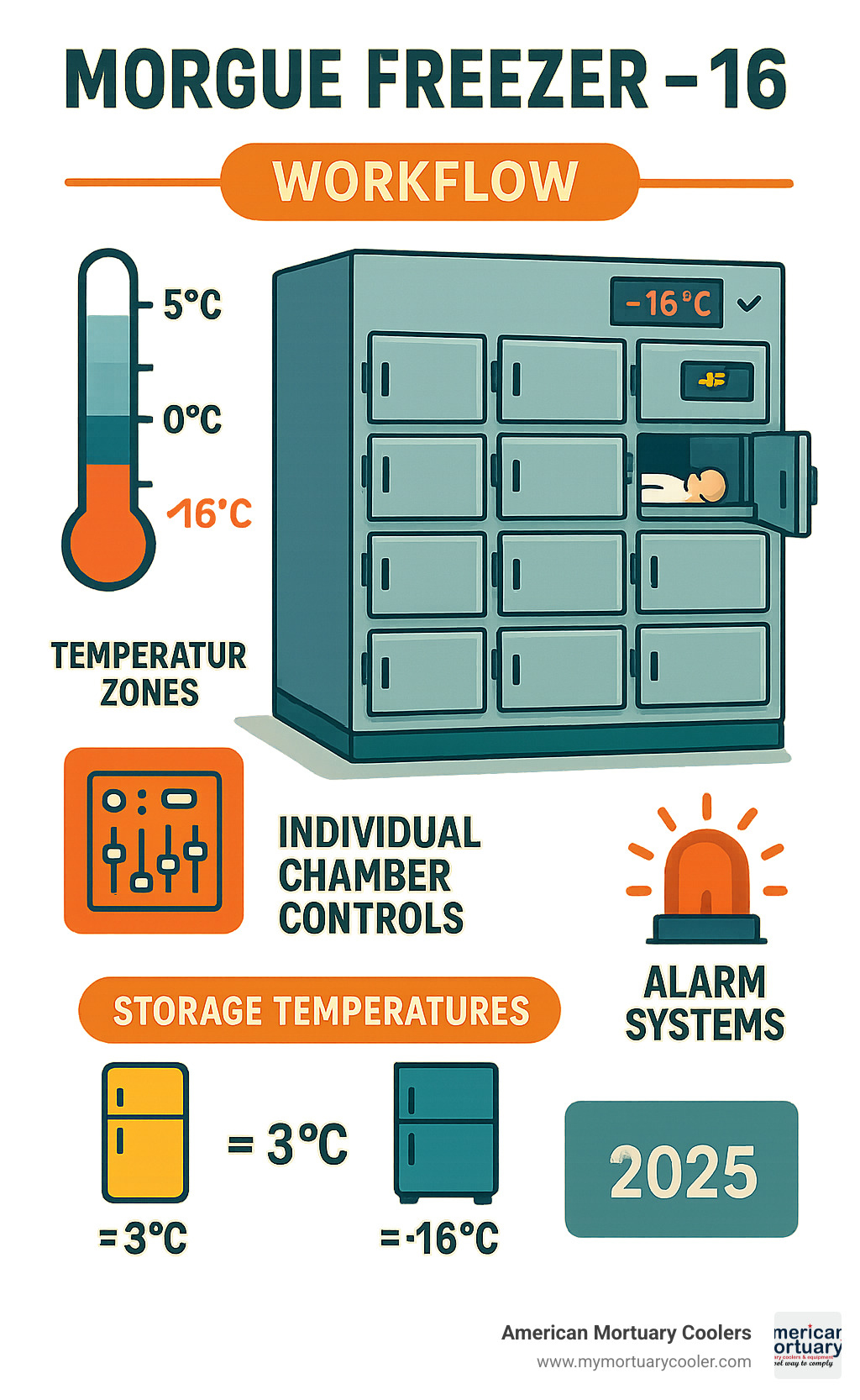 Detailed infographic showing morgue freezer - 16 workflow including temperature zones, individual chamber controls, alarm systems, and the difference between refrigerator and freezer storage temperatures - morgue freezer - 16 infographic 