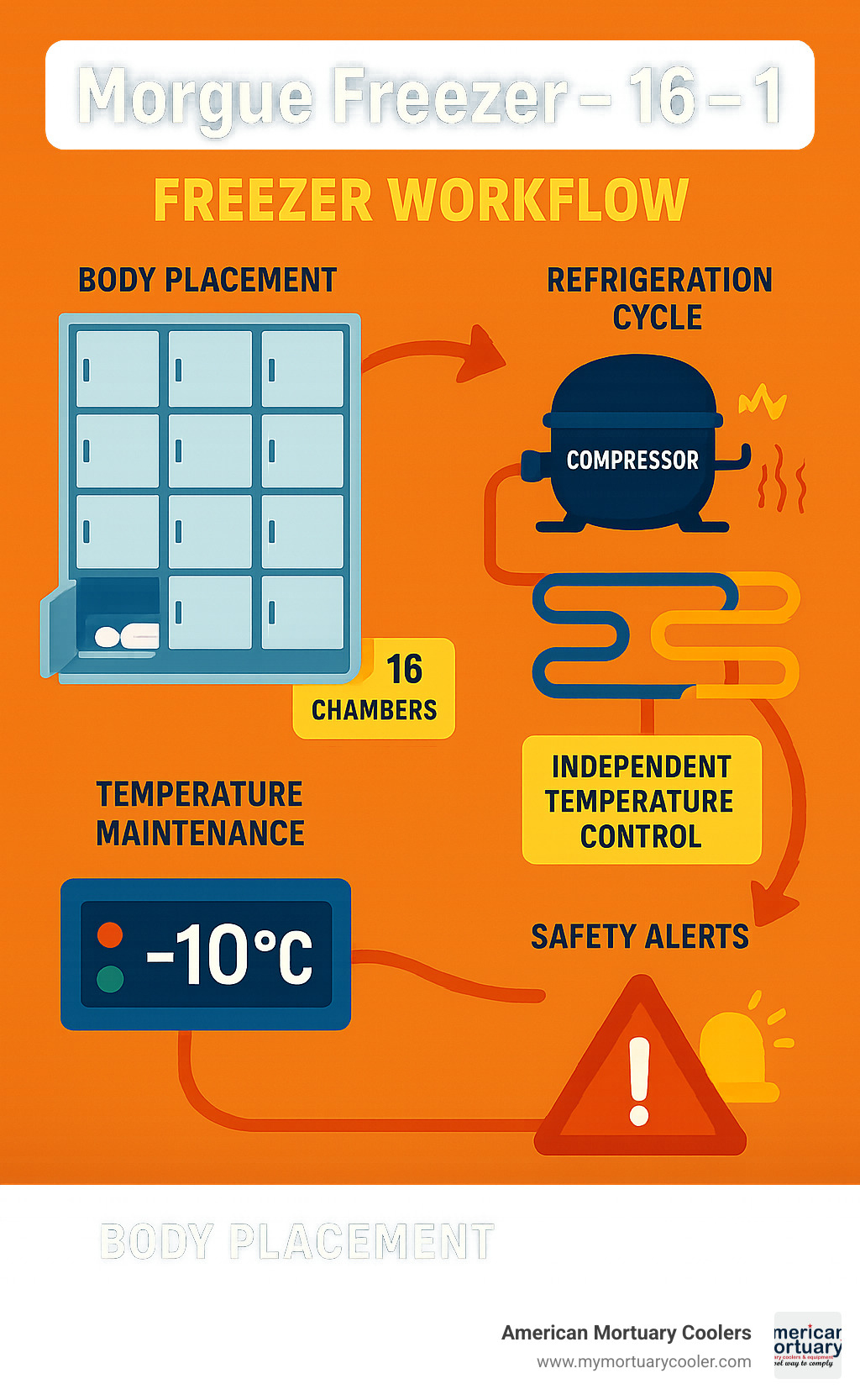 Infographic showing morgue freezer workflow with 16 individual chambers, each with independent temperature control, compressor systems, and alarm monitoring, illustrating the complete refrigeration cycle from body placement to temperature maintenance and safety alerts - morgue freezer - 16 - 1 infographic 